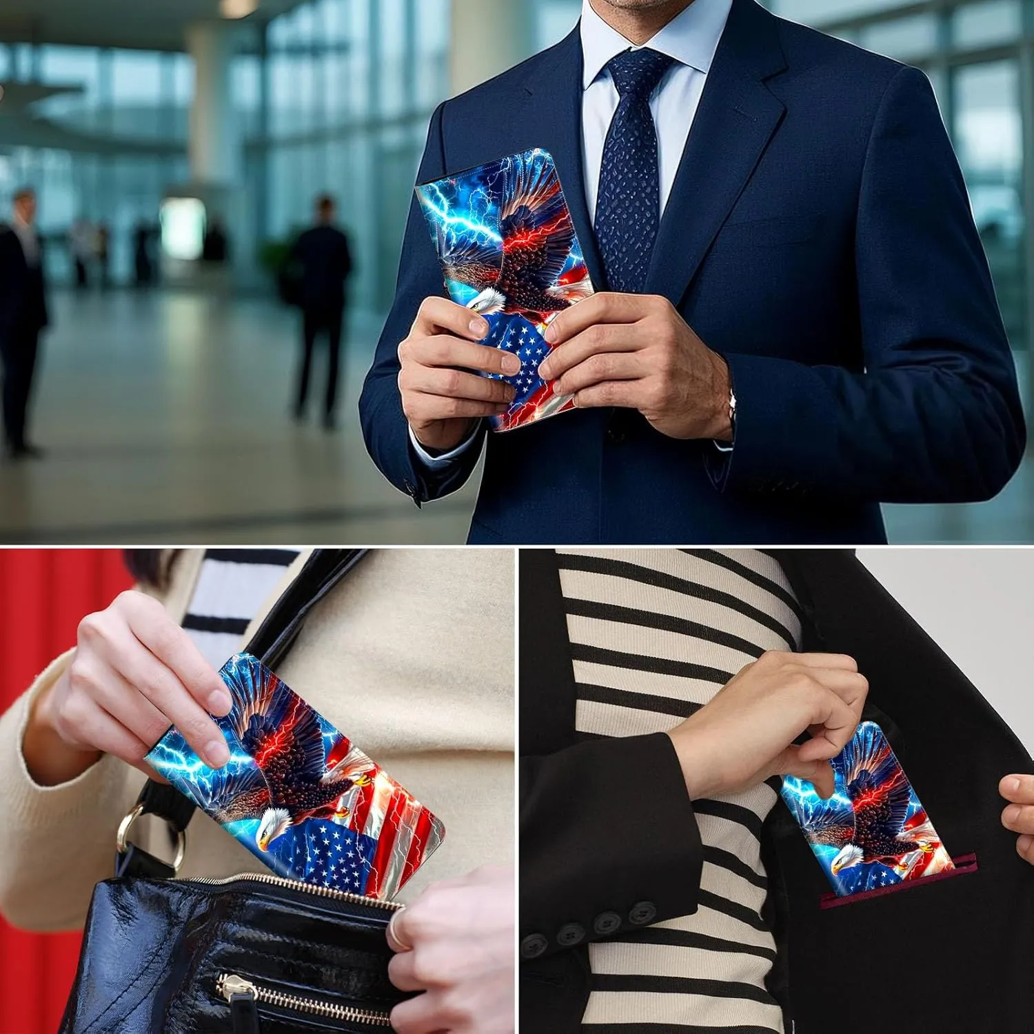 Exquisite Passport Holder for Travel Accessory, American Flag Eagle Leather Passport Cover with Space for Documents and Family Photos, Travel Passport Credit Card Wallet for Women and Men
