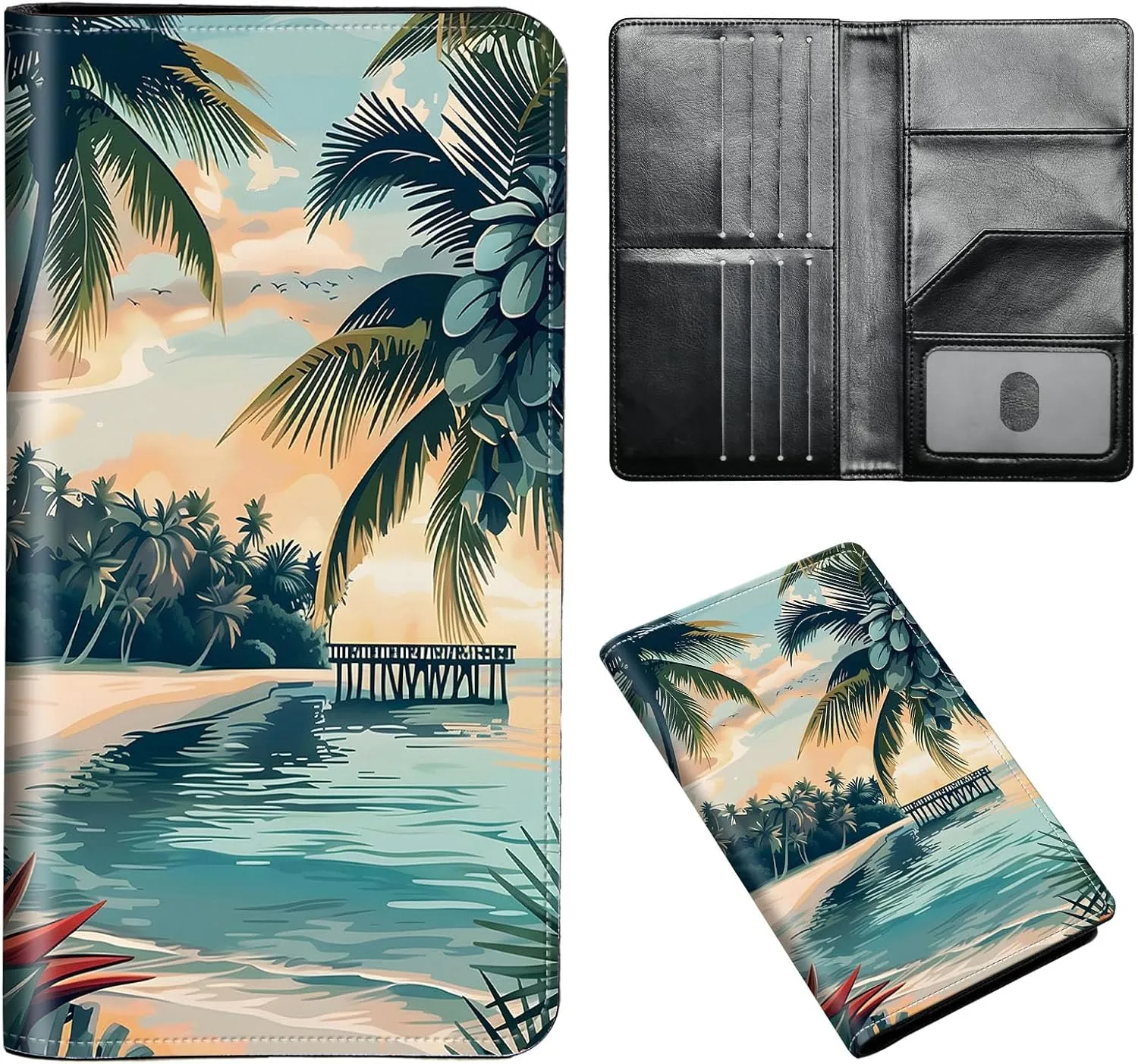 Exquisite Passport Holder for Travel Accessory, Coconut Beach Leather Passport Cover with Space for Documents and Family Photos, Travel Passport Credit Card Wallet for Women and Men