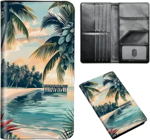 Exquisite Passport Holder for Travel Accessory, Coconut Beach Leather Passport Cover with Space for Documents and Family Photos, Travel Passport Credit Card Wallet for Women and Men
