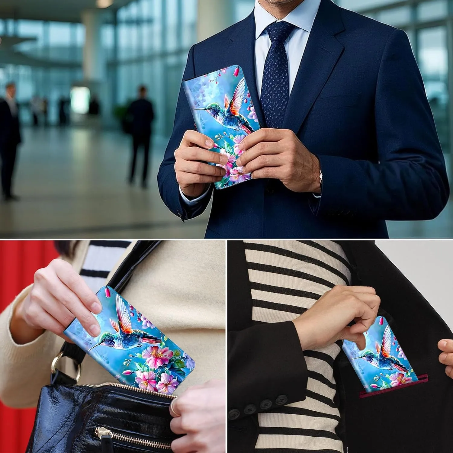 Exquisite Passport Holder for Travel Accessory, Colorful Hummingbird Leather Passport Cover with Space for Documents and Family Photos, Travel Passport Credit Card Wallet for Women and Men
