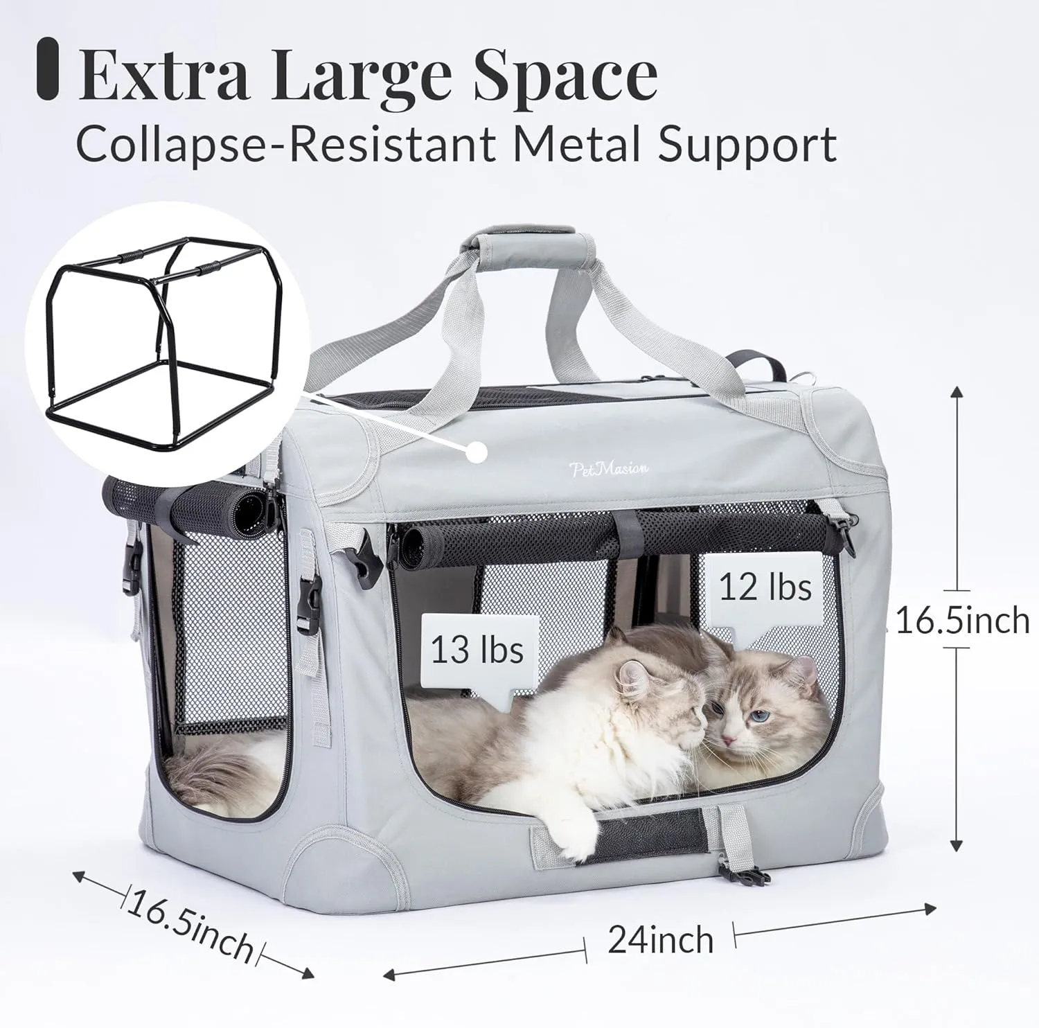 Extra Large Cat Carrier for 2 Cats, Collapsible Soft Sided Pet XL Crate for Large Mudium Big Cat 20lbs , Car Travel Portable Bag for Long Trips Ride 24"x16.5"x16.5"