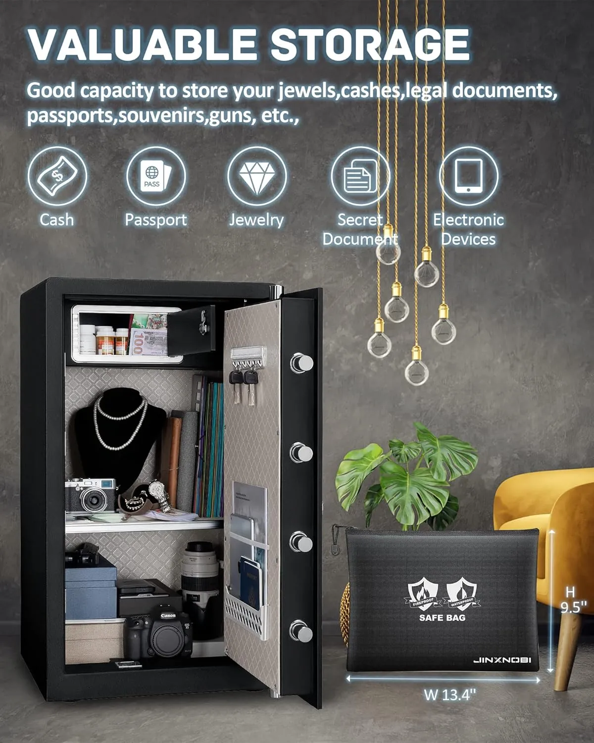 Extra Large Safe Box with Big Fireproof Waterproof Document Bag,6.05 Cubic Feet Home Safe Lock Box,33.5in Security Vault with Electronic Keypad Digital Lock,for Home Office Hotel,83.5lbs