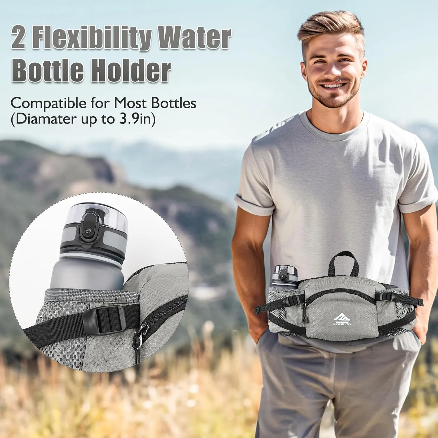 Fanny Pack Waist Bag with Water Bottle Holder for Men Women Running Hiking Travel Dog Walking Workout Cycling Outdoor (Grey)