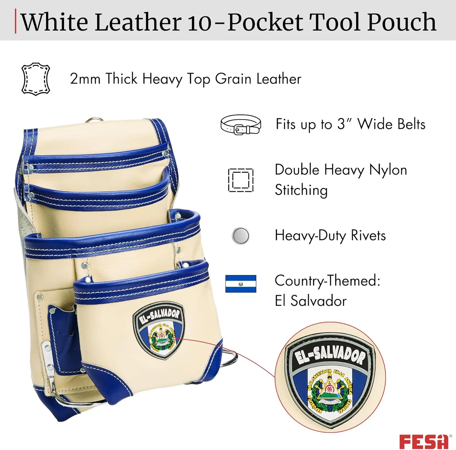 FESA Leather Carpenter Tool Pouch - 10-Pocket Heavy Top Grain Leather Carpenter Pouch with 2 Hammer Loops, Large & Small Pockets - Fits Work Belts up to 3" - Handcrafted - Country-Themed