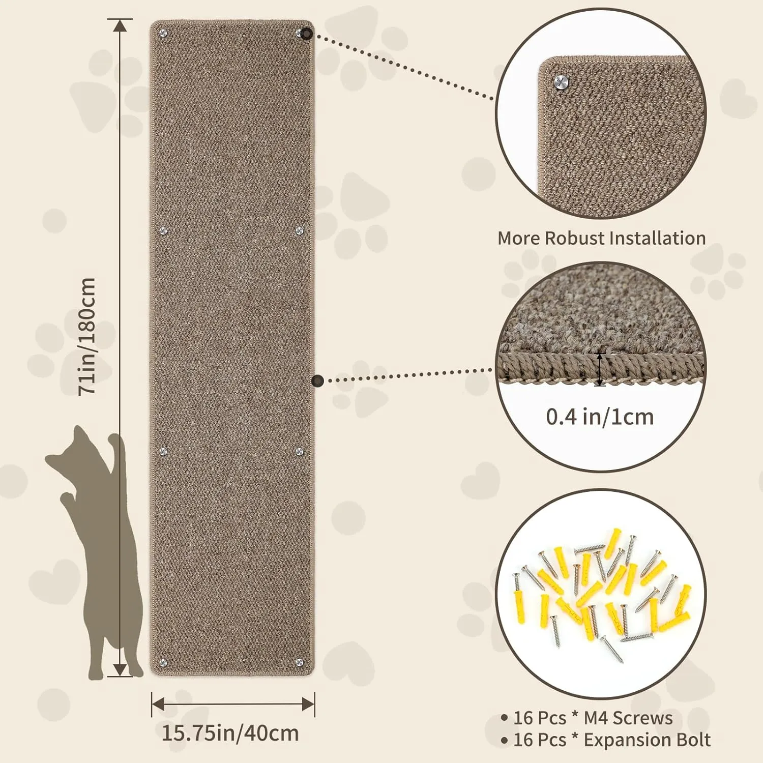 FHTONGE 71x15.8 Thickened Cat Wall Climbing Carpet with 16 Fixed Nails, Extra Large Tall Cat Scratch Pad for Wall, Wall Mounted Climbing Cat Scratcher for Furniture Couch Sofa Protector(Choc Brown)
