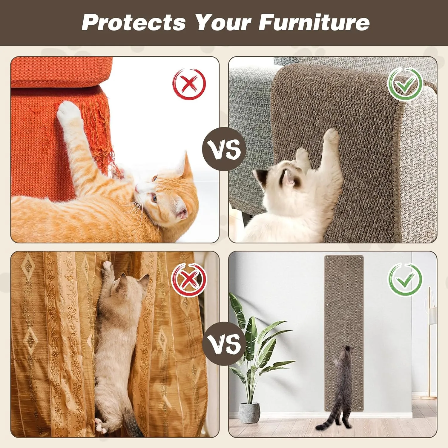 FHTONGE 71x15.8 Thickened Cat Wall Climbing Carpet with 16 Fixed Nails, Extra Large Tall Cat Scratch Pad for Wall, Wall Mounted Climbing Cat Scratcher for Furniture Couch Sofa Protector(Choc Brown)