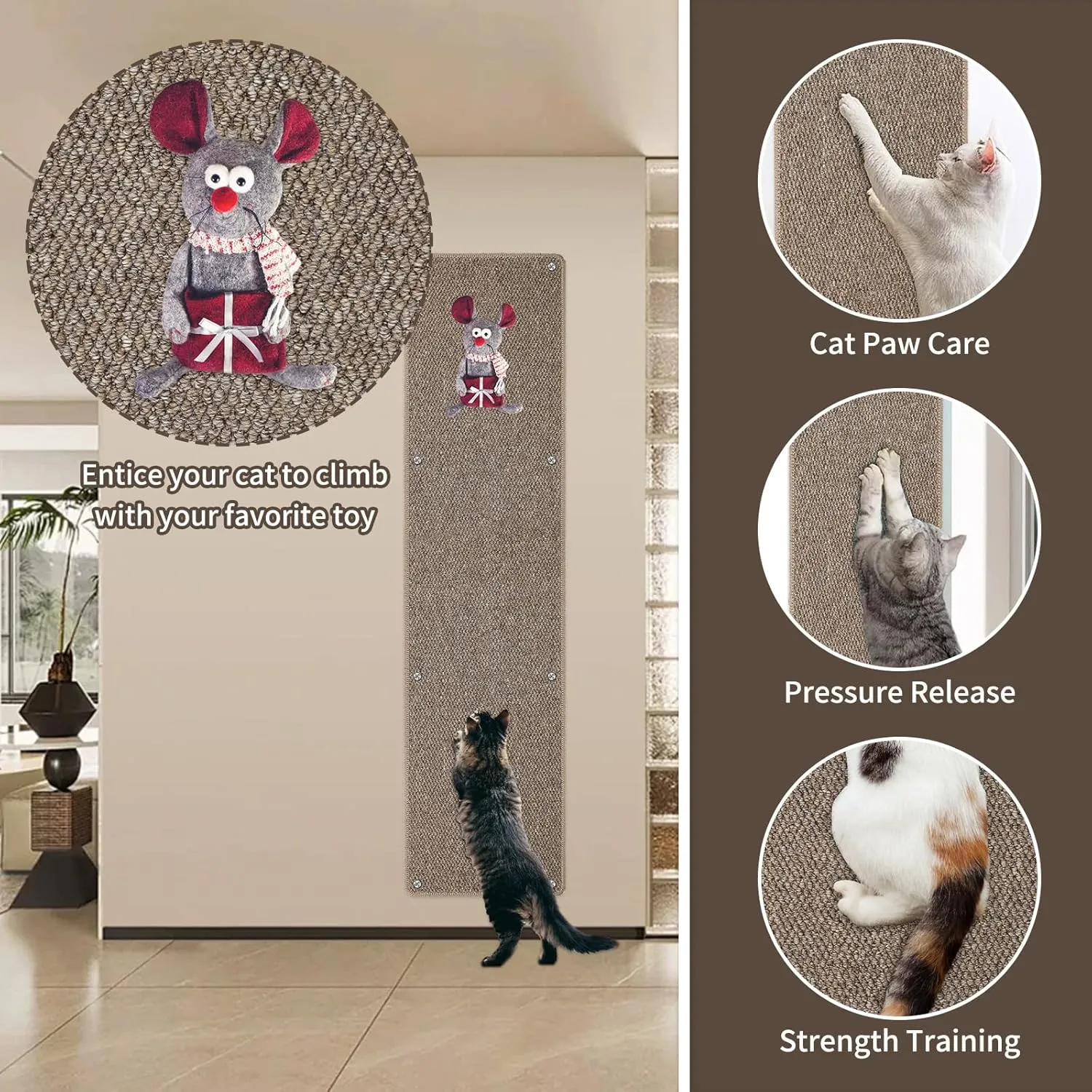 FHTONGE 71x15.8 Thickened Cat Wall Climbing Carpet with 16 Fixed Nails, Extra Large Tall Cat Scratch Pad for Wall, Wall Mounted Climbing Cat Scratcher for Furniture Couch Sofa Protector(Choc Brown)