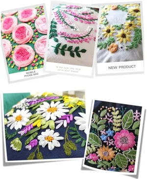 Findvoor Ribbon Handbag Full Range of Embroidery Starter Kits Stamped Cross Stitch Kits Beginners for Adults with Stamped Pattern DIY Embroidery Kits Bag Set- (Style 14)
