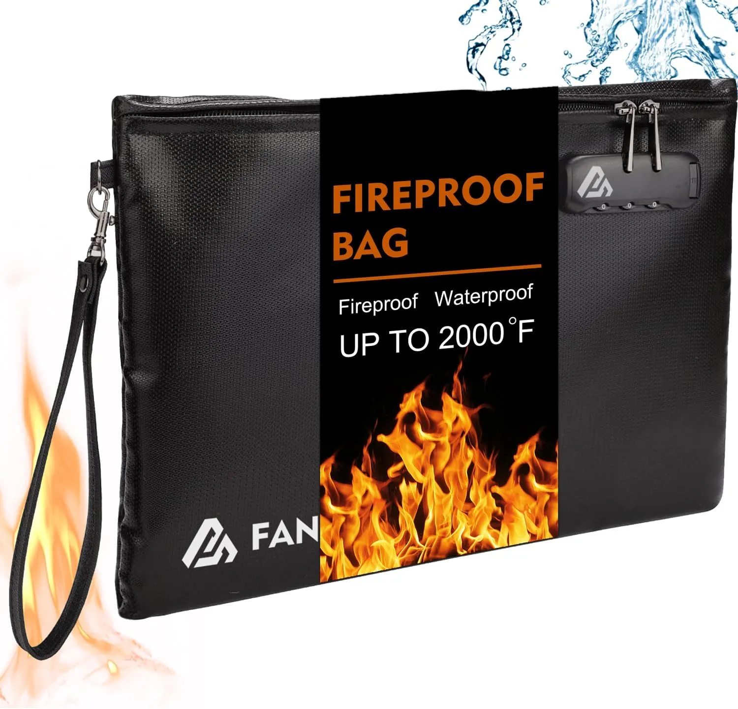 Fireproof Cash & Document Bag with Lock - 6400℉ Fire/Smell Proof Protection, 14.5" x 11.5" Black Banker Bag for Money, Valuables & Emergency Storage