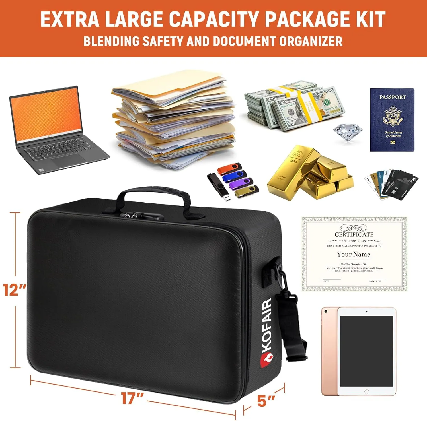 Fireproof Document Bag (17 x 12 x 5 inch) with Lock, 5200°F Fireproof Document Lock Box with Shoulder Strap, Multi-Layer Important Document Safe Storage, Fire Safe File Organizer