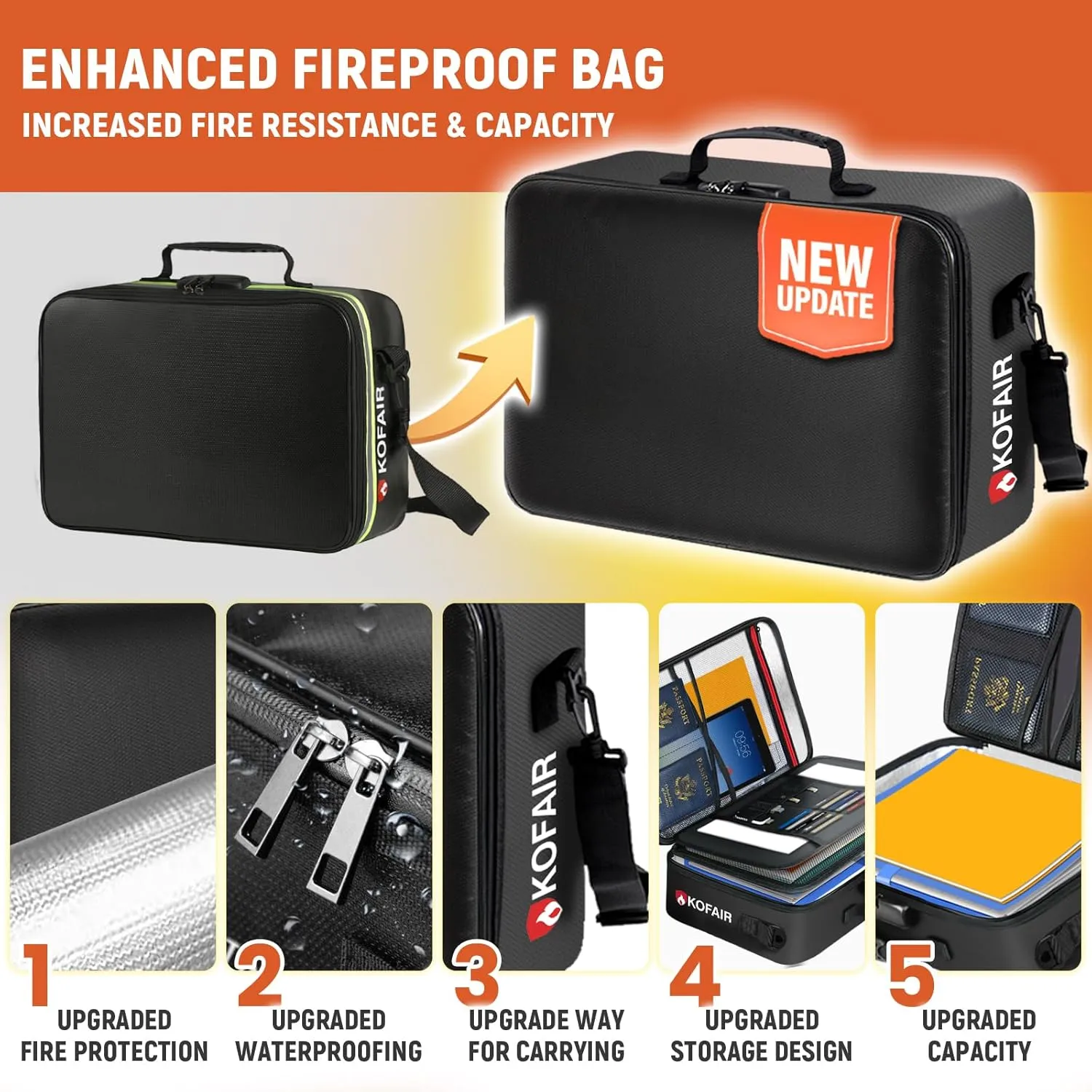 Fireproof Document Bag (17 x 12 x 5 inch) with Lock, 5200°F Fireproof Document Lock Box with Shoulder Strap, Multi-Layer Important Document Safe Storage, Fire Safe File Organizer