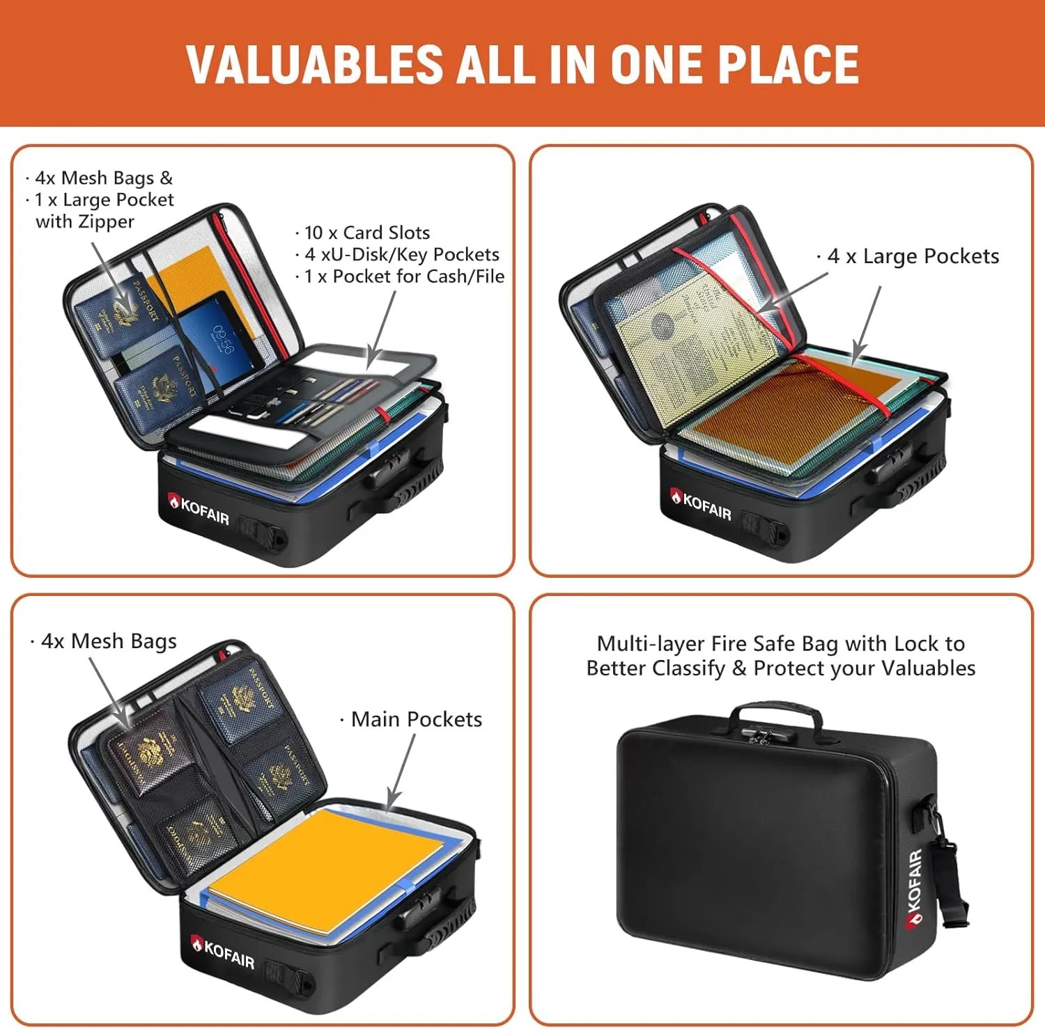 Fireproof Document Bag (17 x 12 x 5 inch) with Lock, 5200°F Fireproof Document Lock Box with Shoulder Strap, Multi-Layer Important Document Safe Storage, Fire Safe File Organizer