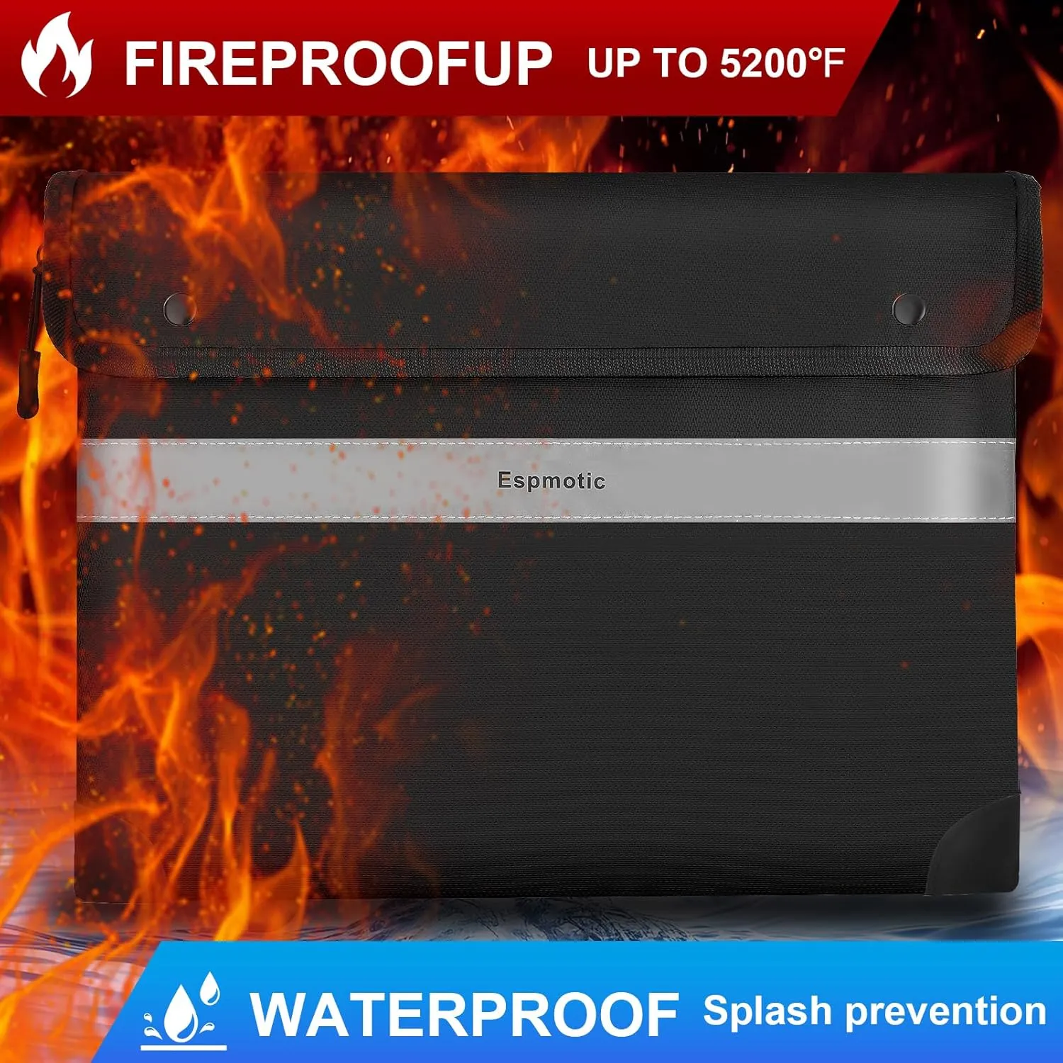 Fireproof Document Bag – 5200°F Heat-Resistant, 10.6"x14.2" Waterproof Money Pouch with 8-Layer Protection, Zipper and Snap Closure, Reflective Strip for Quick Access, Black