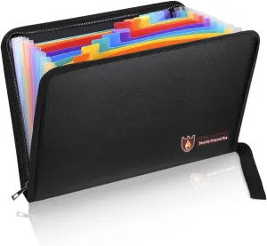 Fireproof Document Bag Fire & Water Resistant File Folder A4 Size 12 Pockets Fireproof Waterproof Safe Document Holder, Non-Itchy Silicone Coated Portable Filing Pouch for Legal Document(Colorful)