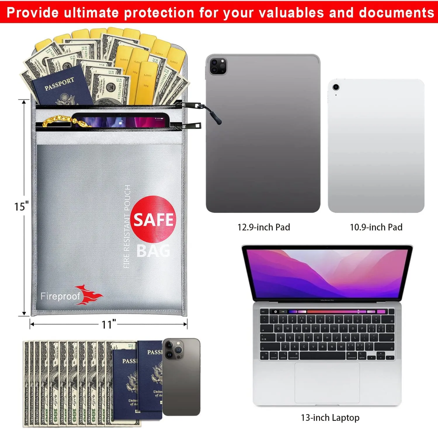 Fireproof Document Bag Upgraded 2 Pockets (2000 ℉)15 x 11 Inches Silicone Coated Fireproof and Waterproof Bag Fireproof Safe Bag Storage for Money, Documents, Jewelry and Passport