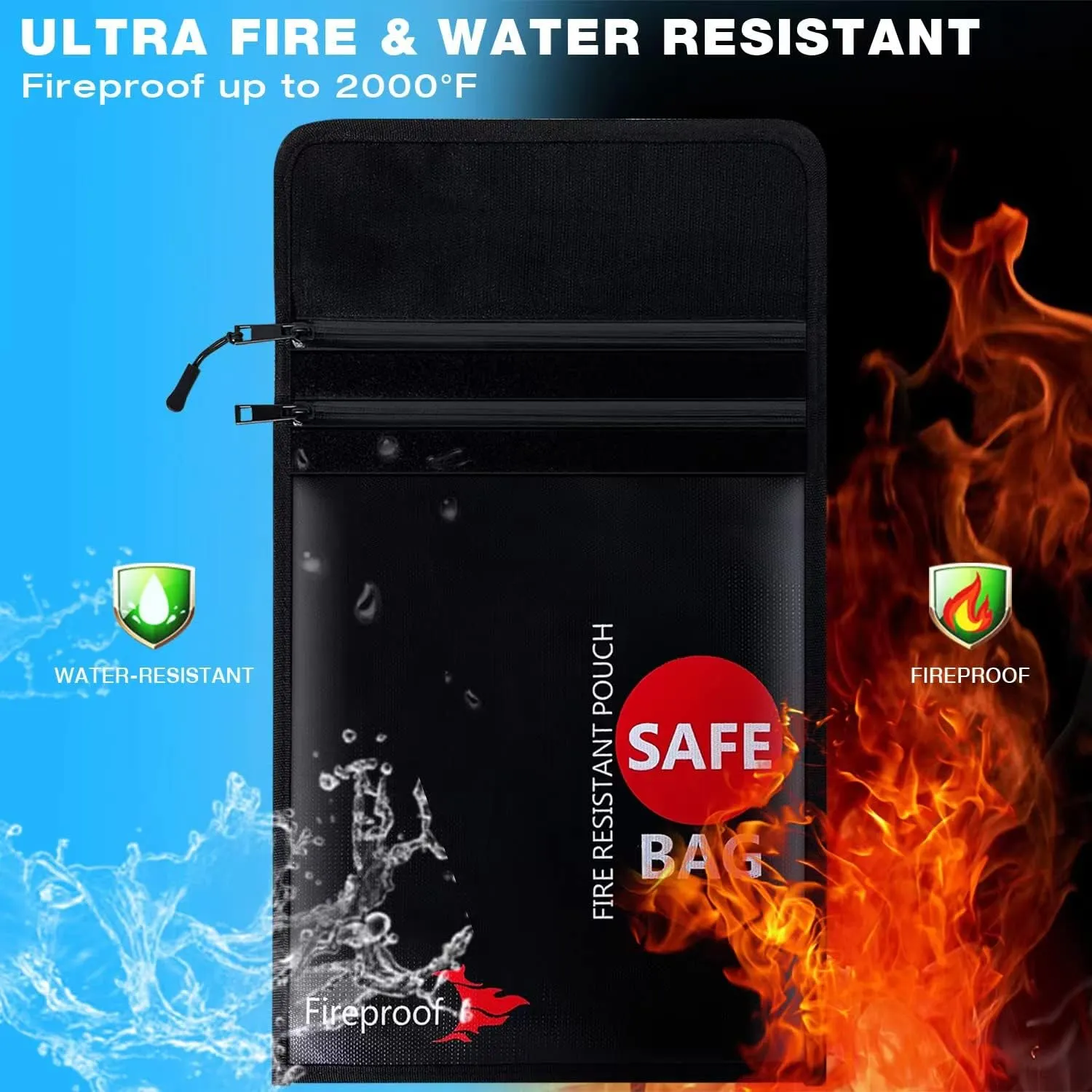 Fireproof Document Bag Upgraded 2 Pockets (2000 ℉)15 x 11 Inches Silicone Coated Fireproof and Waterproof Money Bag Fireproof Safe Storage for Money, Documents, Jewelry and Passport Black