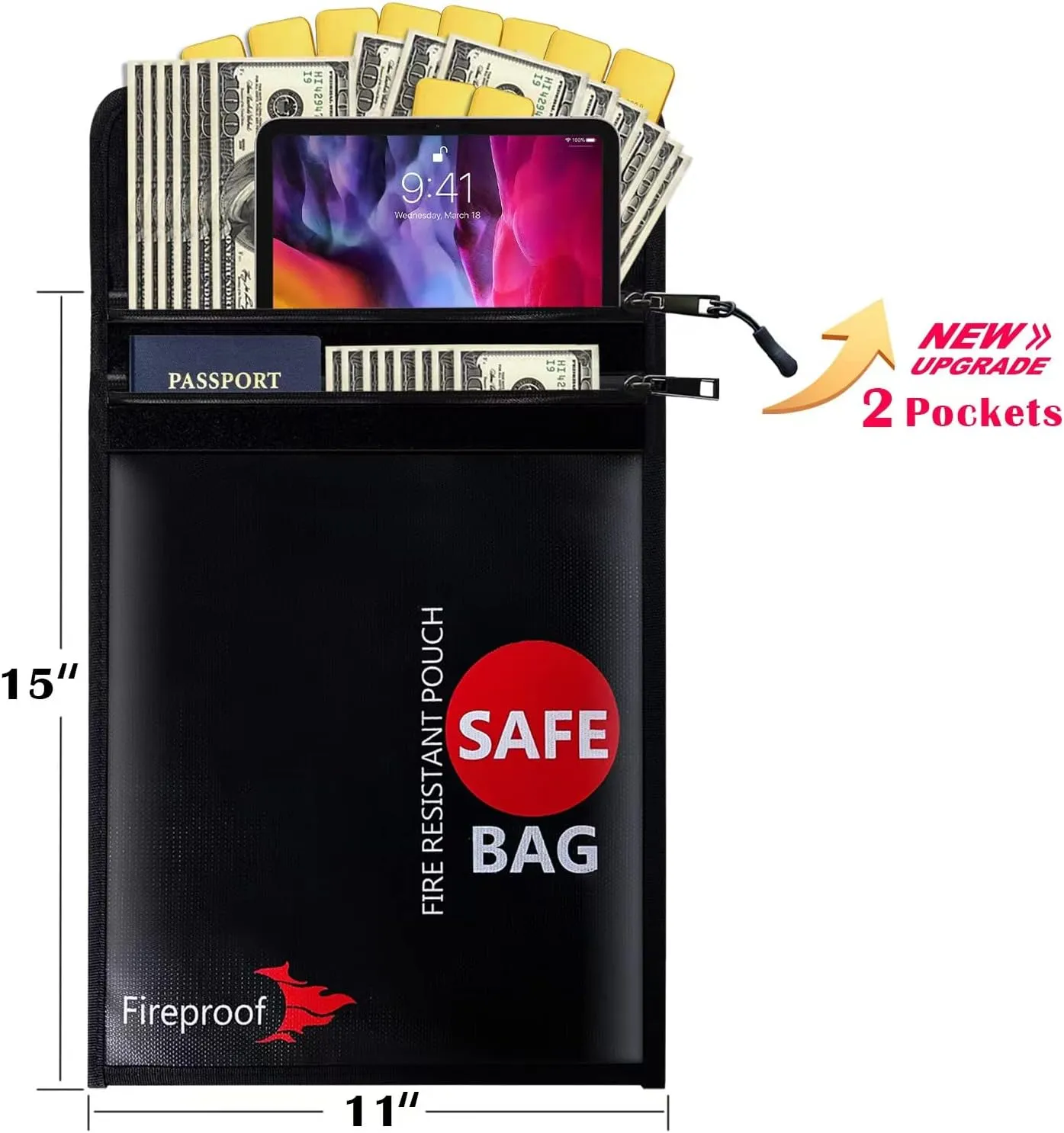 Fireproof Document Bag Upgraded 2 Pockets (2000 ℉)15 x 11 Inches Silicone Coated Fireproof and Waterproof Money Bag Fireproof Safe Storage for Money, Documents, Jewelry and Passport Black