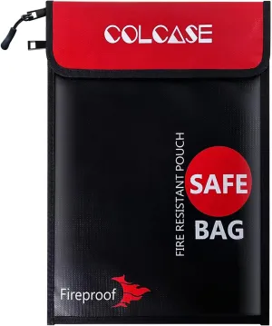 Fireproof Document Bag Upgraded 2 Pockets (2000 ℉)15 x 11 Inches Silicone Coated Fireproof and Waterproof Money Bag Fireproof Safe Storage for Money, Documents, Jewelry and Passport Black