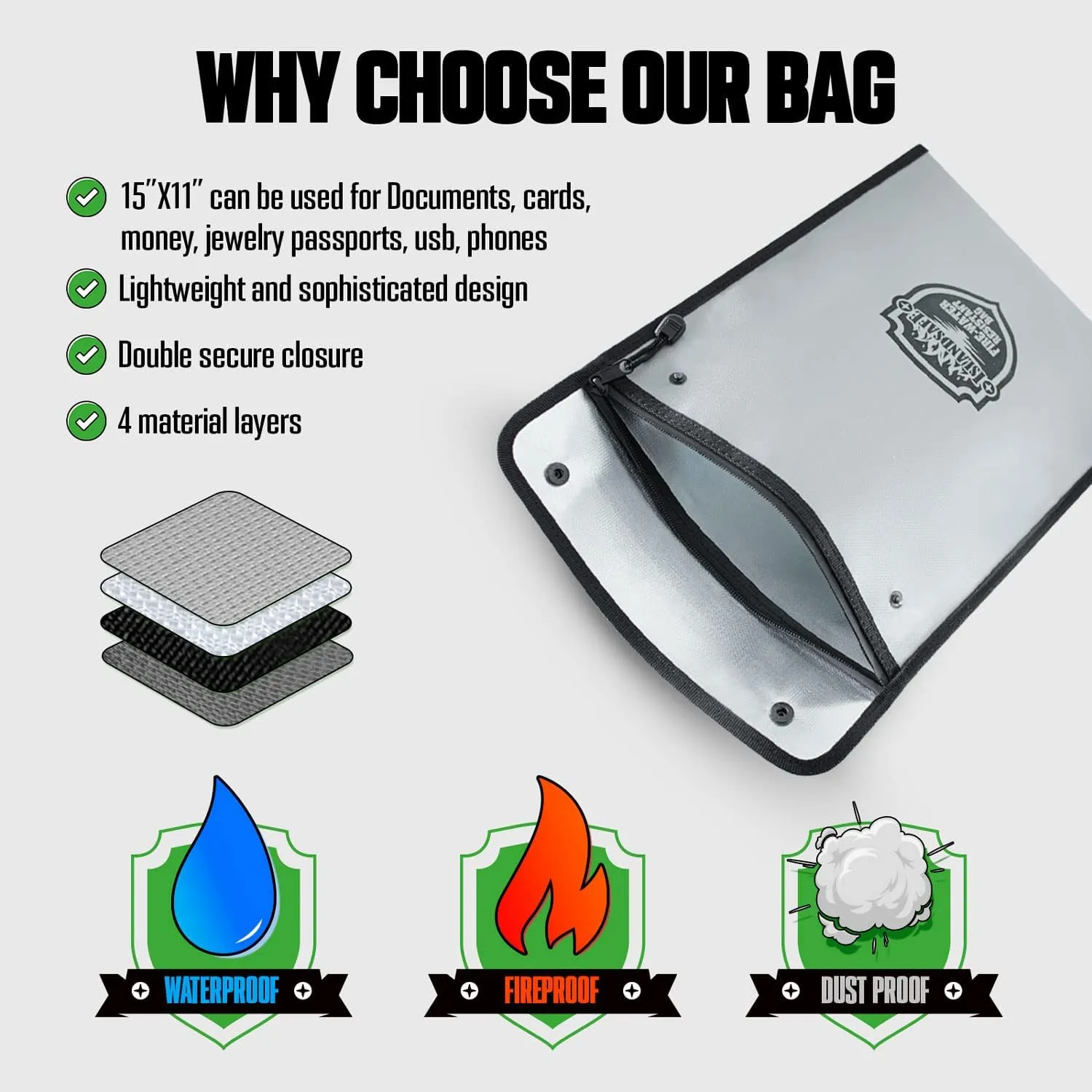 Fireproof Document Bag, Waterproof Money Bag Pocket with Zipper Closure, Storage Pouch for Valuables, A4 A5 Document File, Cash, Credit Card, Passport (Grey, small big set)