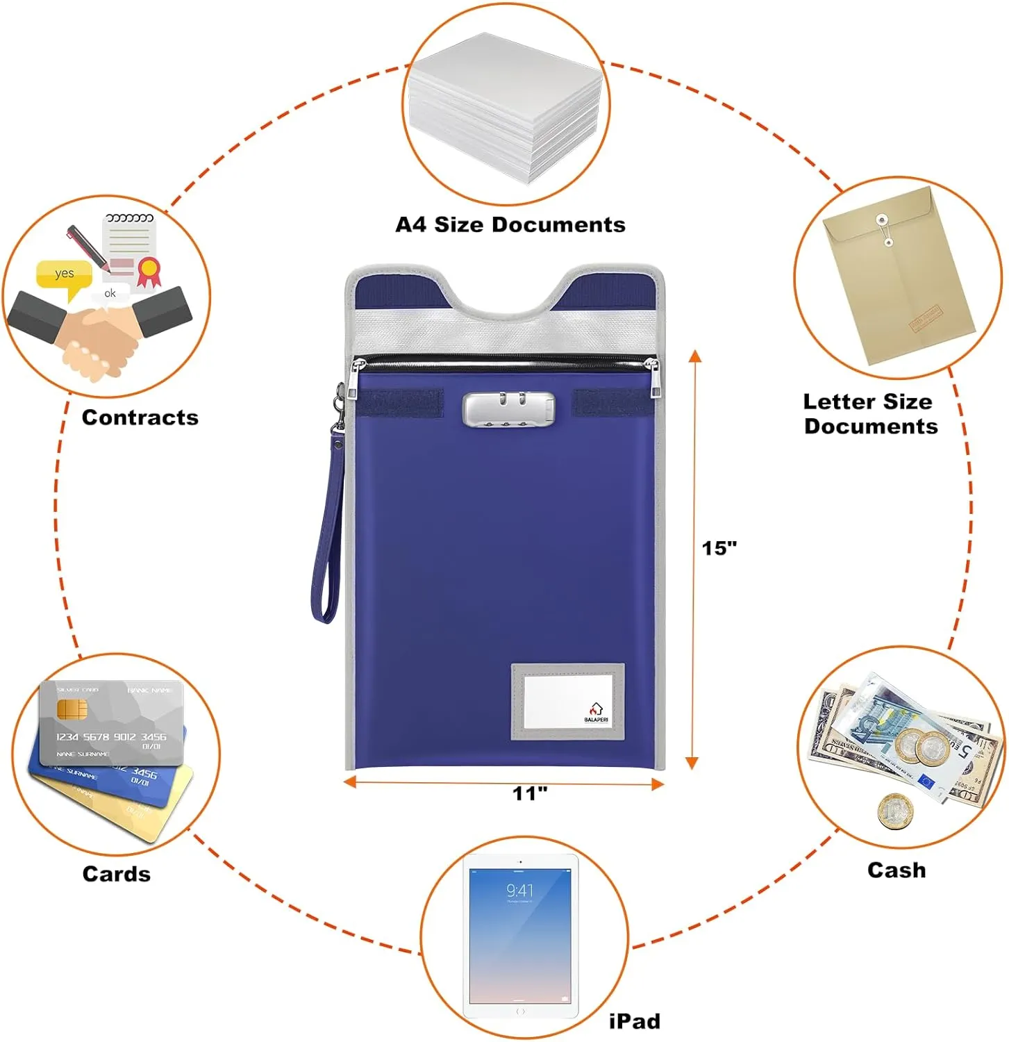 Fireproof Document Bag with Lock (5200℉), 15”x 11”Travel Document Holder, Fireproof Zipper Pouch for Valuables,Money,Jewelry,Legal Documents,File and Tablet(Blue)