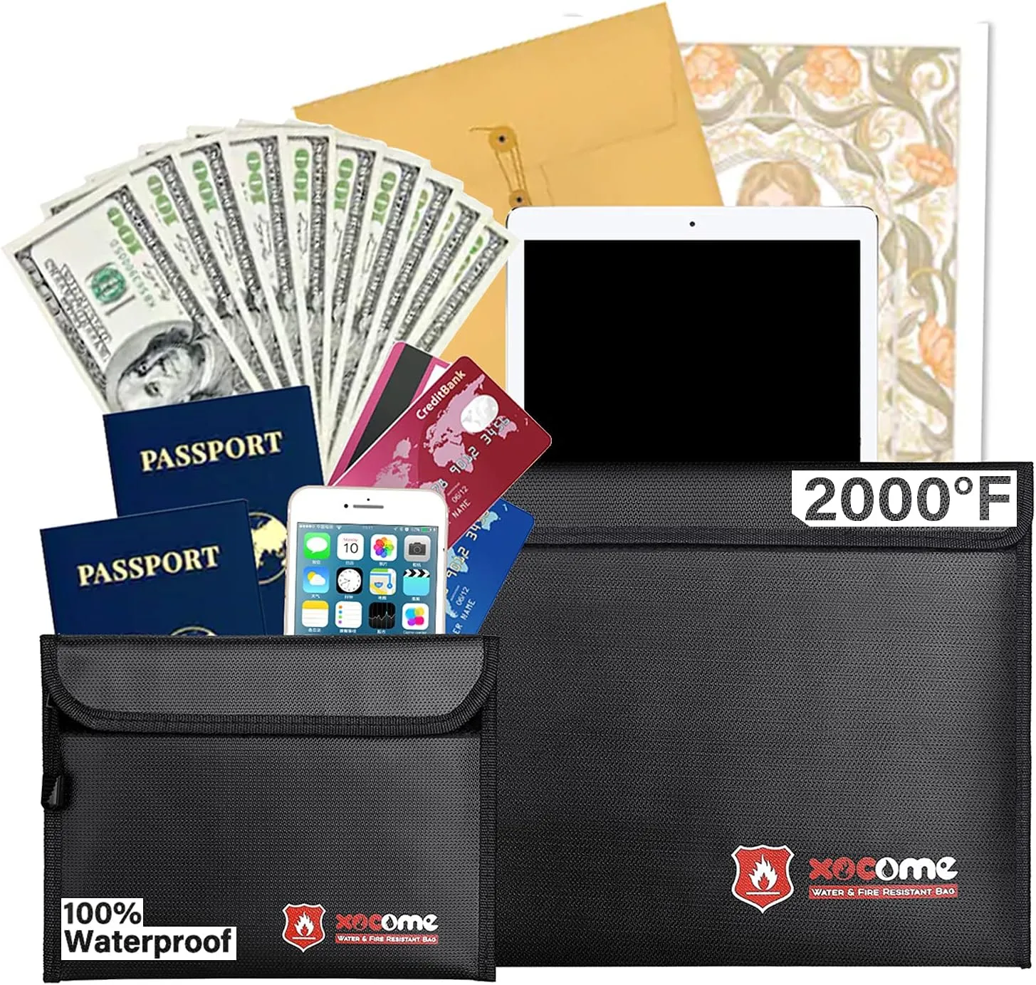 Fireproof Document Bags,(15 x 11 & 9 x 7 Inches), Non-Itchy Fireproof Money Bag, Fireproof Wallet Bag, Cash Fireproof Bag Set for Valuables - Passport, Currency & Keys (2-Pack)