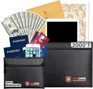 Fireproof Document Bags,(15 x 11 & 9 x 7 Inches), Non-Itchy Fireproof Money Bag, Fireproof Wallet Bag, Cash Fireproof Bag Set for Valuables - Passport, Currency & Keys (2-Pack)