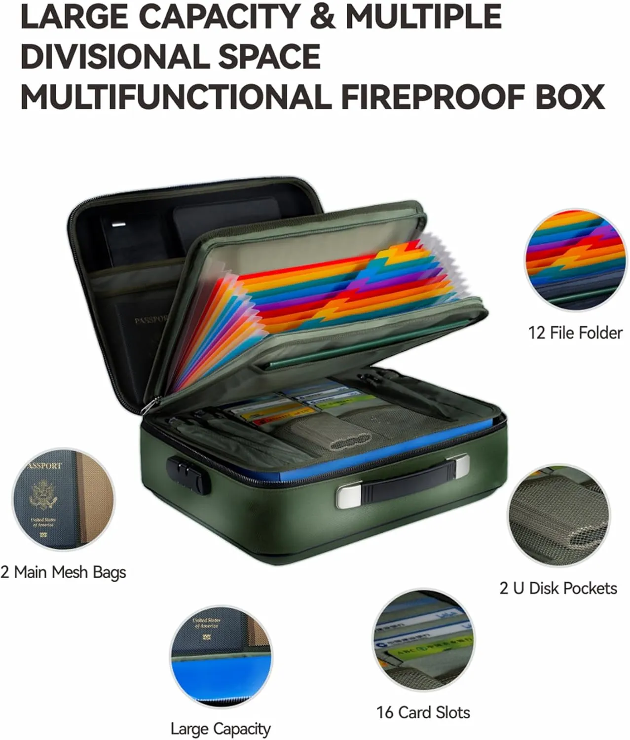 Fireproof Document Box 8 Layer File Organizer Box with Lock. Important Document with File Folder, Laptop, Portable Travel Safe