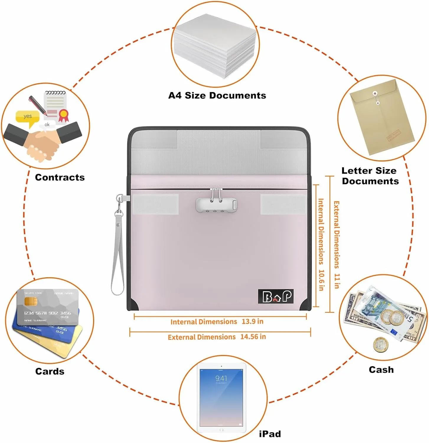 Fireproof Money Bag with Lock - 4200℉ Heat Insulated, BALAPERI Waterproof Zipper Pouch, Fireproof Document Bag for Cash, Letter A4 A5 Size Documents, Passport and Valuables, 13.9"x10.6"(Silver)