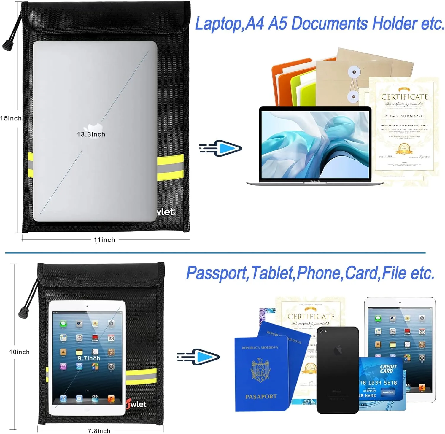 Fireproof Waterproof Money Document Bag - 2 Pack Safe Upgraded Zipper Bags, Fire & Water Resistant Storage Organizer Pouch for A4 A5 Documents Holder,File,Cash,Jewelry,Passport,Tablet,Laptop (Black)