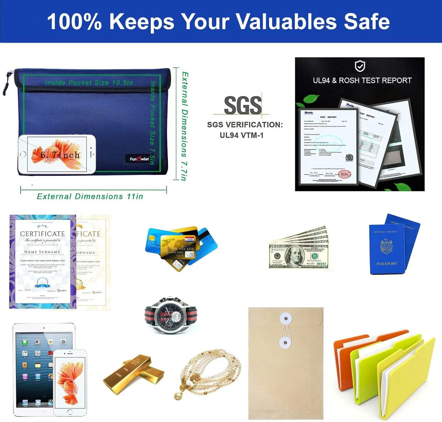 Fireproof Waterproof Money Document Bag - with 4200°F Heat Insulated, Safe Fireproof Storage Pouch with Zipper, Upgraded 8 Layers of Functional Materials for Documents,Valuables (11"x7.7", Blue)