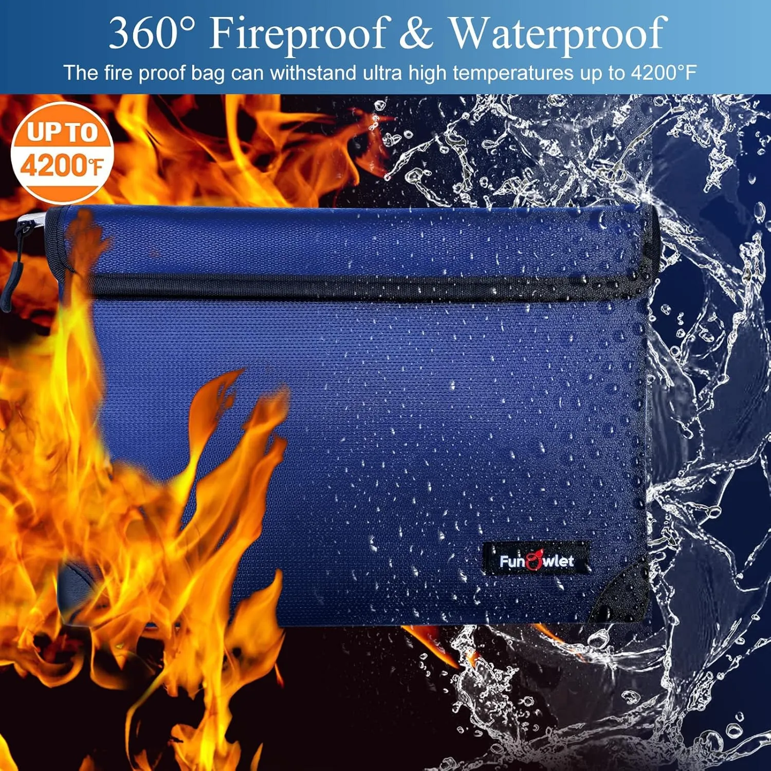 Fireproof Waterproof Money Document Bag - with 4200°F Heat Insulated, Safe Fireproof Storage Pouch with Zipper, Upgraded 8 Layers of Functional Materials for Documents,Valuables (11"x7.7", Blue)