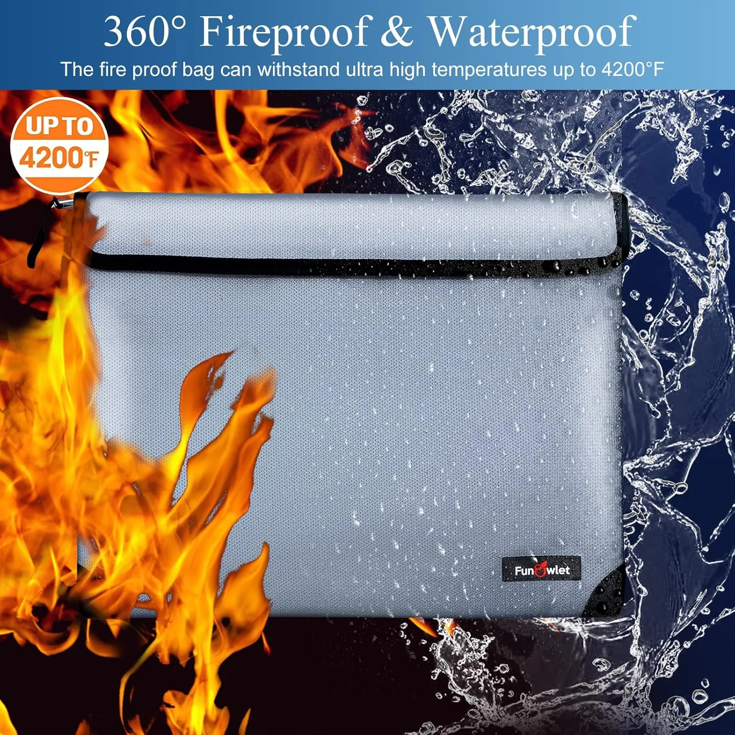 Fireproof Waterproof Money Document Bag - with 4200°F Heat Insulated Safe Storage Pouch with Zipper Upgraded 8 Layers of Functional Material for Valuables (13.9"x10.6" Gray)