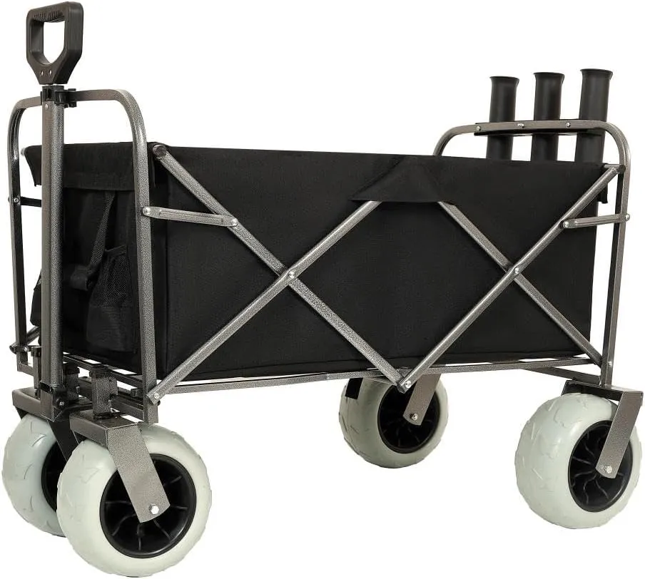 Fishing Cart with Rod Holders,Beach Wagon with Big Wheels for Sand 500lbs Capacity - All Terrain Steel Frame Utility Cart with 9" Pneumatic Tires,Strap with multiuse Bag,Black (Black)