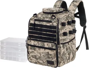 Fishing Tackle Backpack, 38L Fishing Backpack with 3 Rod Holders & 4 Tackle Boxes, Waterproof Fishing Tackle Bag with Integrated Rain Cover for Fishing, Hiking, Camping, Outdoor Sports
