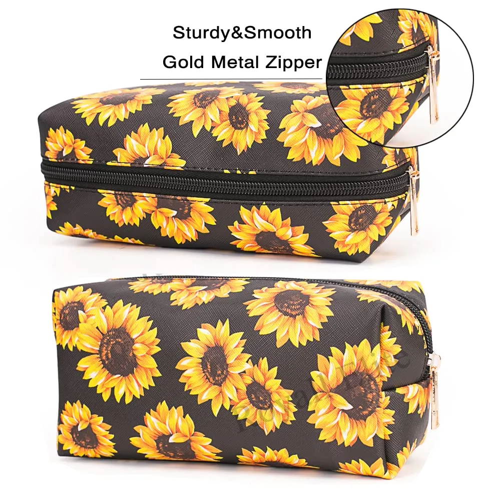 FITINI Sunflower Makeup Bag 3 Pack Travel Toiletry Bag Portable Cosmetic Pouch Organizer with Small Brush Holders Gold Zipper Waterproof Storage Case for Women and Girls