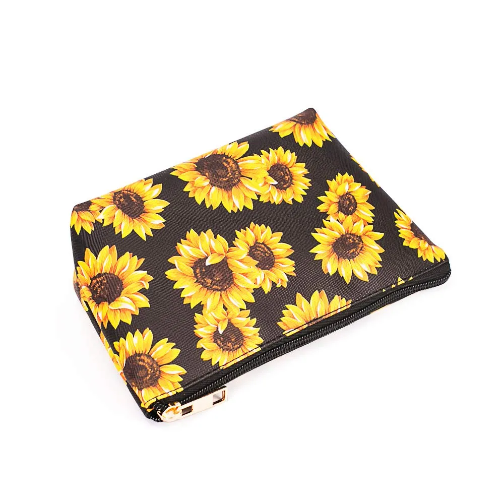 FITINI Sunflower Makeup Bag 3 Pack Travel Toiletry Bag Portable Cosmetic Pouch Organizer with Small Brush Holders Gold Zipper Waterproof Storage Case for Women and Girls