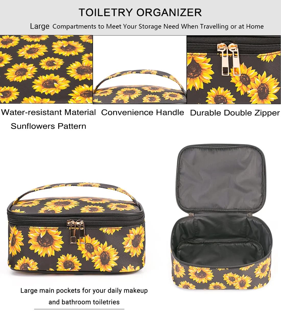 FITINI Sunflower Makeup Bag 3 Pack Travel Toiletry Bag Portable Cosmetic Pouch Organizer with Small Brush Holders Gold Zipper Waterproof Storage Case for Women and Girls