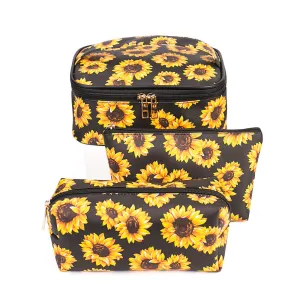 FITINI Sunflower Makeup Bag 3 Pack Travel Toiletry Bag Portable Cosmetic Pouch Organizer with Small Brush Holders Gold Zipper Waterproof Storage Case for Women and Girls