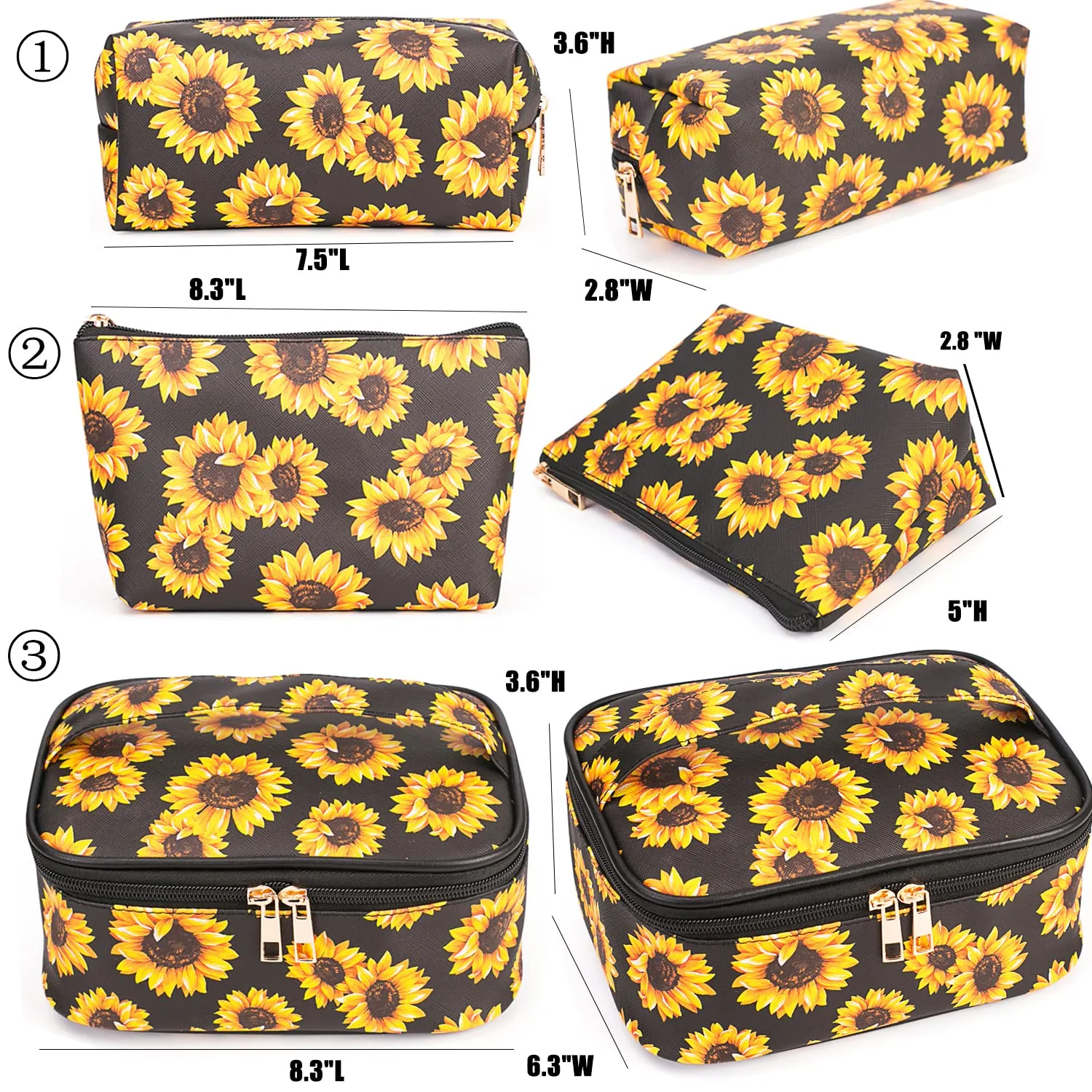FITINI Sunflower Makeup Bag 3 Pack Travel Toiletry Bag Portable Cosmetic Pouch Organizer with Small Brush Holders Gold Zipper Waterproof Storage Case for Women and Girls