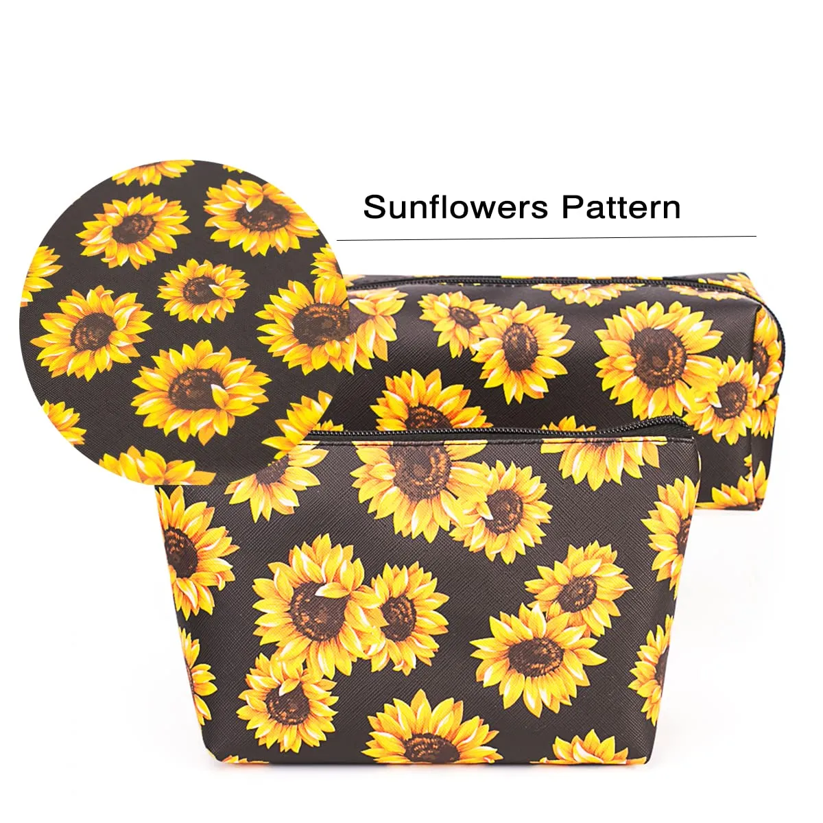 FITINI Sunflower Makeup Bag 3 Pack Travel Toiletry Bag Portable Cosmetic Pouch Organizer with Small Brush Holders Gold Zipper Waterproof Storage Case for Women and Girls