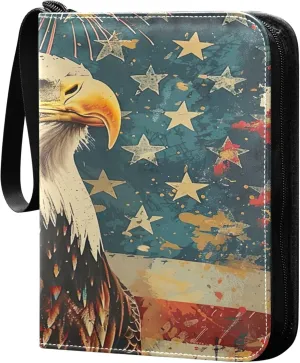 Flag Bald Hawk Card Binder 4 Pocket Collectible Trading Card Albums with 50 Sleeves Double Side PU Waterproof 3 Ring for Sports & Game Cards