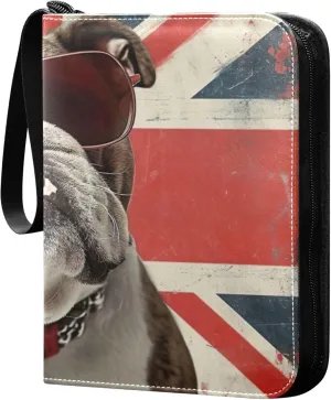 Flag Sunglasses Bulldog Card Binder 4 Pocket Collectible Trading Card Albums with 50 Sleeves Double Side PU Waterproof 3 Ring for Sports & Game Cards