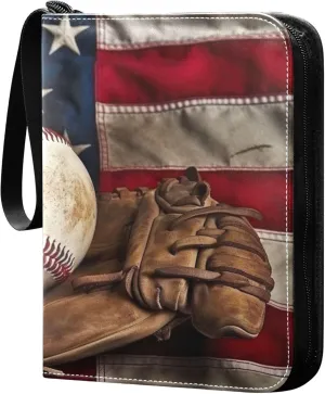 Flag Vintage Baseball Bat Card Binder 4 Pocket Collectible Trading Card Albums with 50 Sleeves Double Side PU Waterproof 3 Ring for Sports & Game Cards