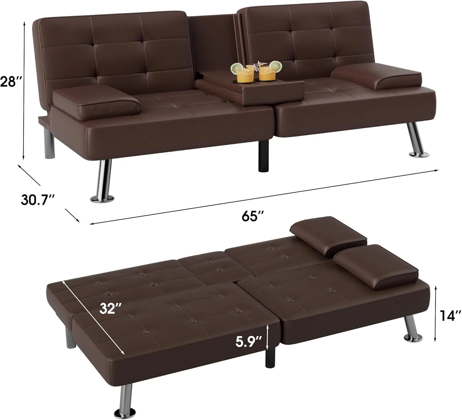 Flamaker Futon Sofa Bed Modern Folding Futon Set Convertible Recliner Lounge for Living Room with 2 Cup Holders, Removable Armrests (PU Leather, Brown)
