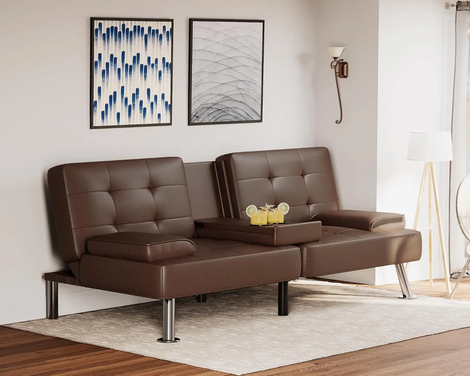 Flamaker Futon Sofa Bed Modern Folding Futon Set Convertible Recliner Lounge for Living Room with 2 Cup Holders, Removable Armrests (PU Leather, Brown)