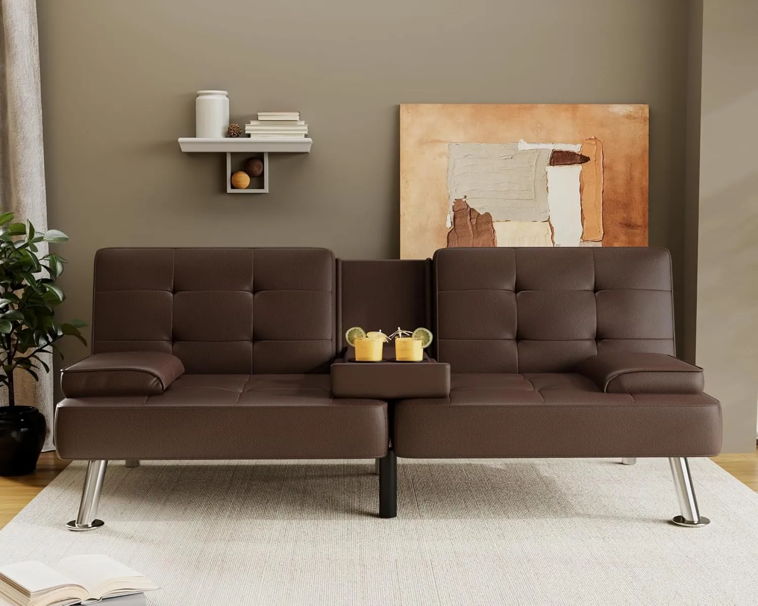 Flamaker Futon Sofa Bed Modern Folding Futon Set Convertible Recliner Lounge for Living Room with 2 Cup Holders, Removable Armrests (PU Leather, Brown)