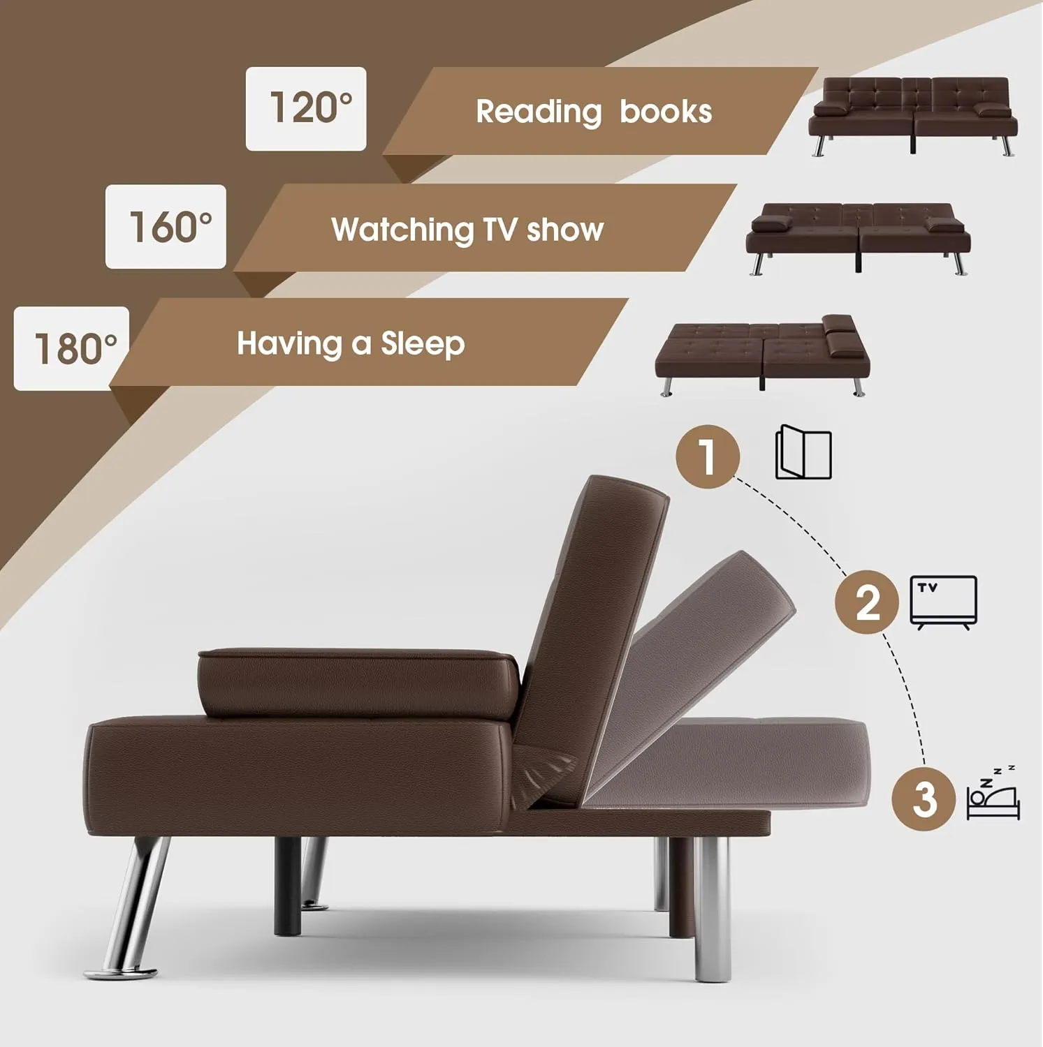 Flamaker Futon Sofa Bed Modern Folding Futon Set Convertible Recliner Lounge for Living Room with 2 Cup Holders, Removable Armrests (PU Leather, Brown)