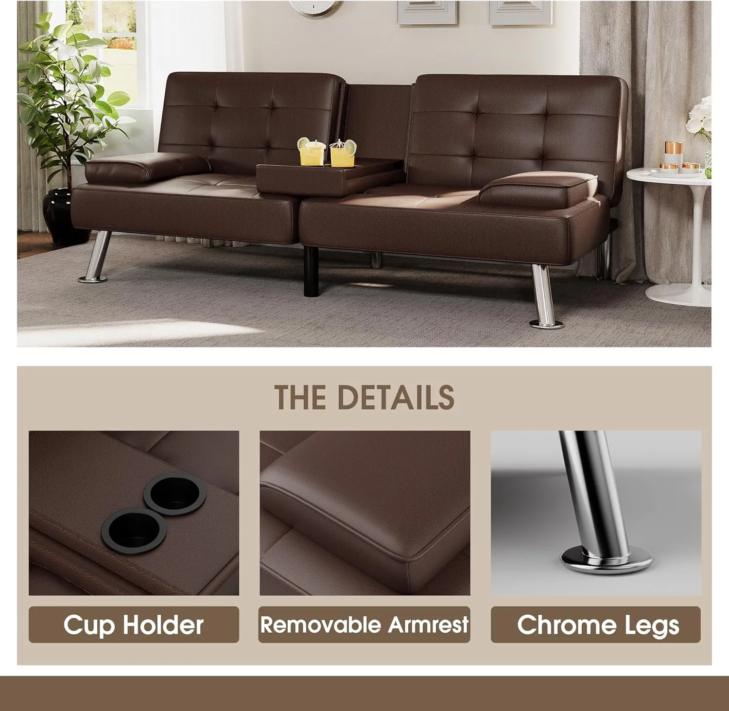 Flamaker Futon Sofa Bed Modern Folding Futon Set Convertible Recliner Lounge for Living Room with 2 Cup Holders, Removable Armrests (PU Leather, Brown)