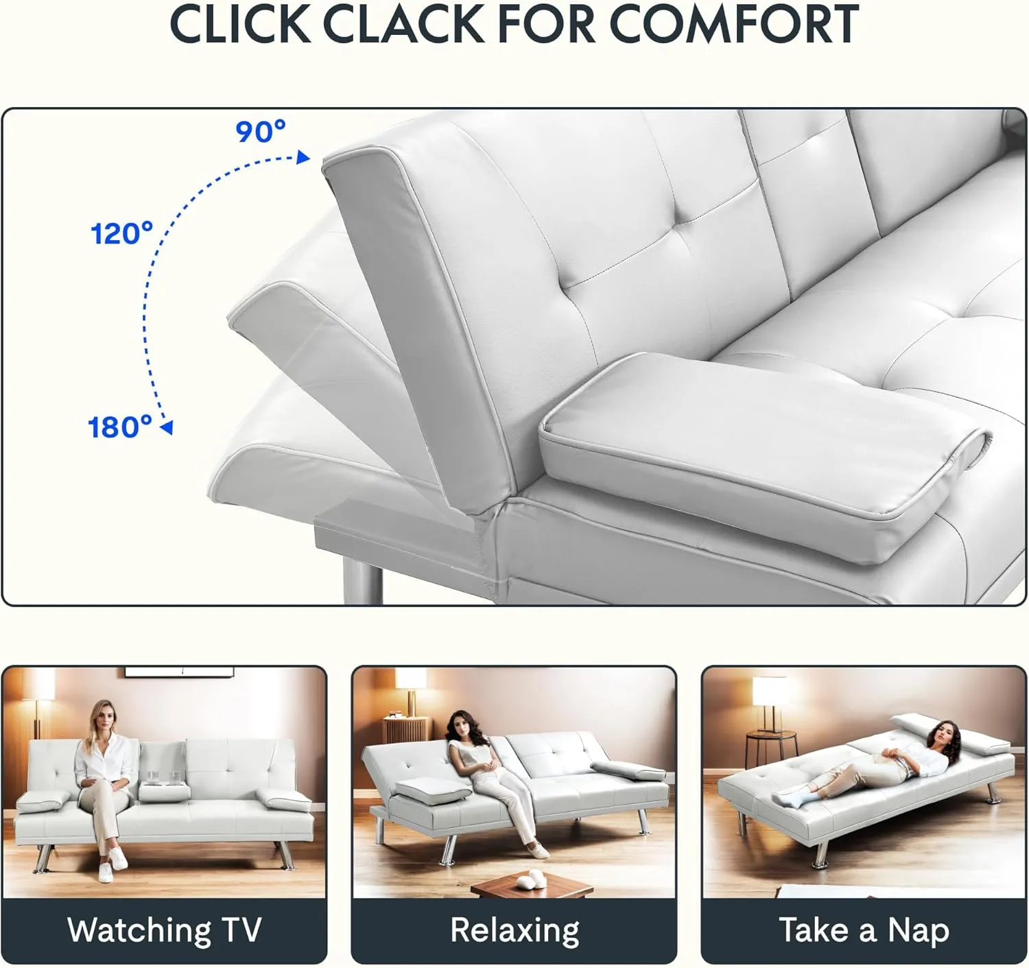 FLEXISPOT Futon Sofa Bed with Cup Holders, Convertible Sleeper Couch with Adjustable Backrest, Folding Loveseat Sofa for Small Spaces, Apartment, Guest Room, Office (PU Leather, White)