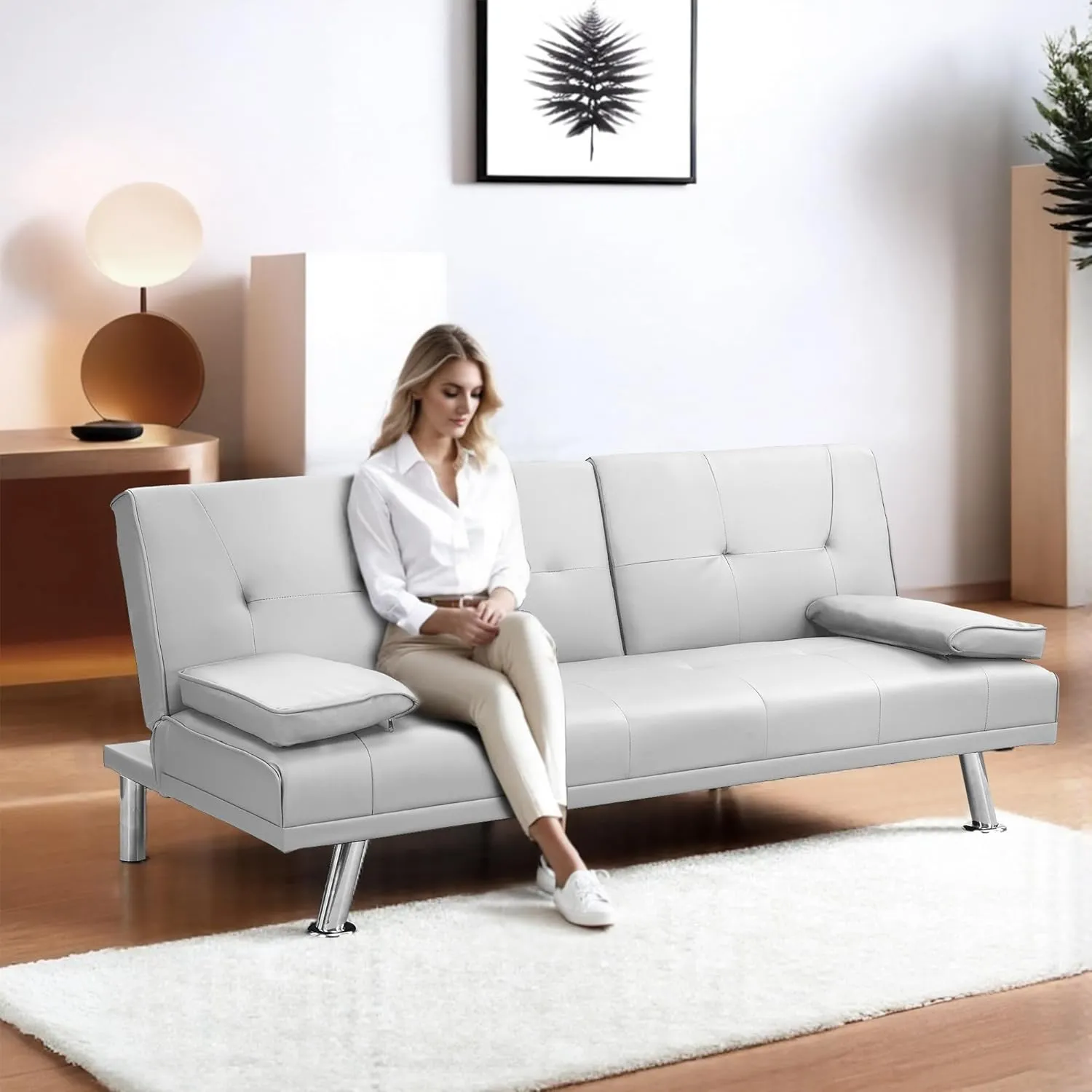 FLEXISPOT Futon Sofa Bed with Cup Holders, Convertible Sleeper Couch with Adjustable Backrest, Folding Loveseat Sofa for Small Spaces, Apartment, Guest Room, Office (PU Leather, White)
